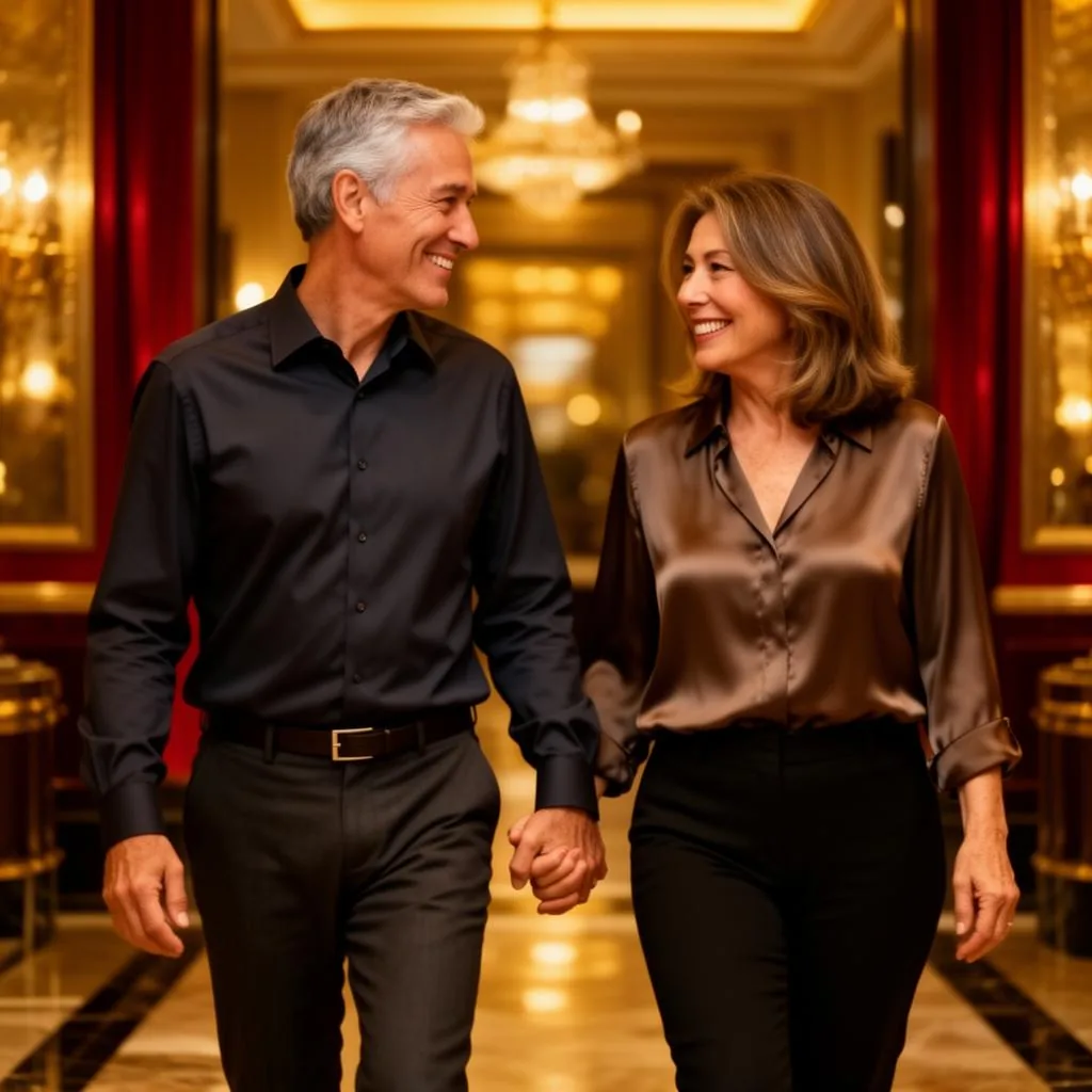 Imagem ilustrativa de casal maduro sorrindo e de mãos dadas